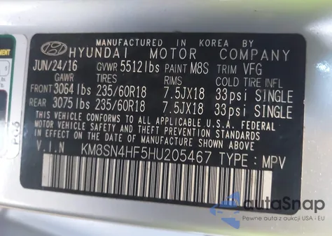 2017 Hyundai Santa Fe Se из США, поврежденный, VIN KM8SN4HF5HU205467